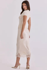 Ciara Vintage Ivory Satin + Lace Midi Skirt