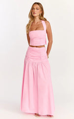 Anya Two Piece Top and Skirt Set - Gathered Halted Neck Top And High Waist Maxi Skirt in Pink