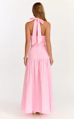 Anya Two Piece Top and Skirt Set - Gathered Halted Neck Top And High Waist Maxi Skirt in Pink
