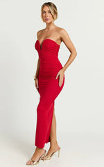 Gianni Maxi Dress - Plunge Ruched Mesh Column Dress in Red