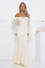 Laced Up Luxe Off Shoulder Maxi Dress Cream
