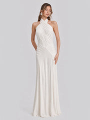 Open Back Pleated Halter Maxi Gown