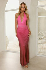 Sunset Siren Mesh Halter Maxi Dress Pink