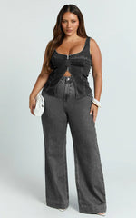Bellerose Top - Front Zip Denim Fitted Top in Washed Black