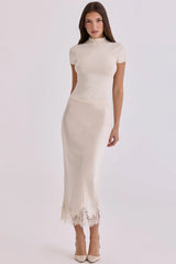 Ciara Vintage Ivory Satin + Lace Midi Skirt