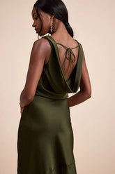 Aernah Olive Satin Cowl Tie-Back Slip Maxi Dress
