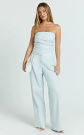 Ella Two Piece Set - Ruched Strapless Top And Tailored Pants In Blue