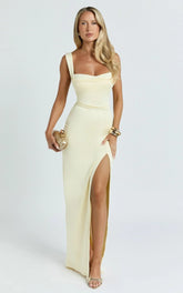 Donna Maxi Dress - Cowl Neck Column High Split Dress in Lemon