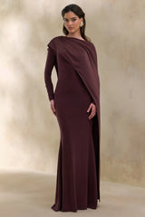 Salenne | Brown Wide-Neck Maxi Dress With Satin Asymmetric-Cape