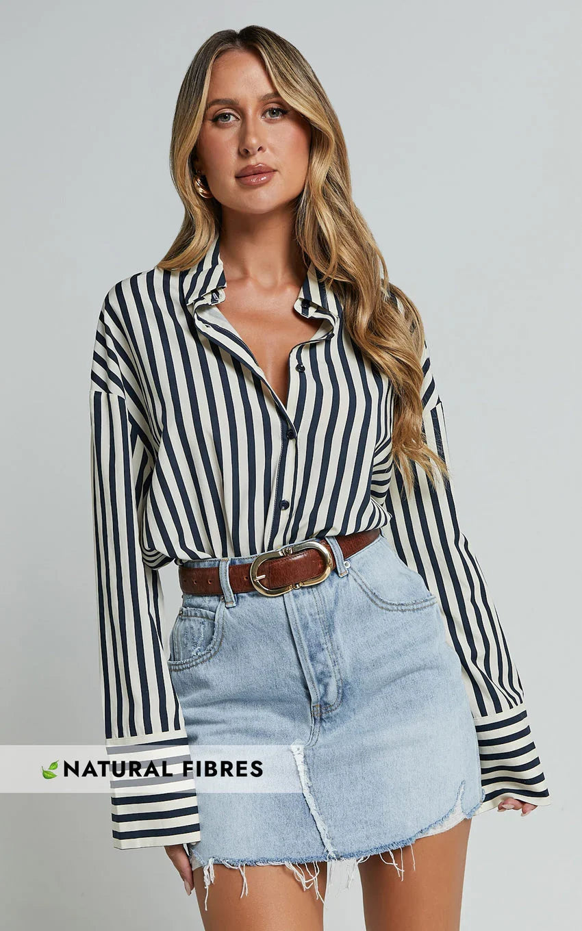 Anderson Top - Collared Long Sleeve Shirt in Navy Stripe