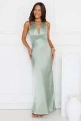 Spiced Sunset Satin Halter Maxi Dress Sage