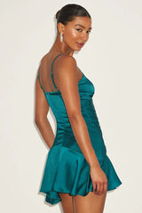 Riselle Teal Green Satin Asymmetrical Mini Dress
