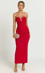 Gianni Maxi Dress - Plunge Ruched Mesh Column Dress in Red