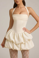 Halterneck Layered Bubble Hem Corset Mini Dress In Ivory