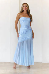 Rosé Mood Strapless Mesh Maxi Dress Blue