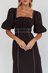 Sibille Puff Sleeve Contrast Stitch Dress Black