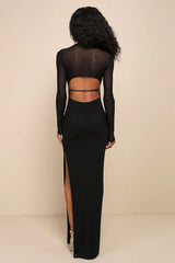 Pristine Poise Black Mesh Cutout Long Sleeve Maxi Dress