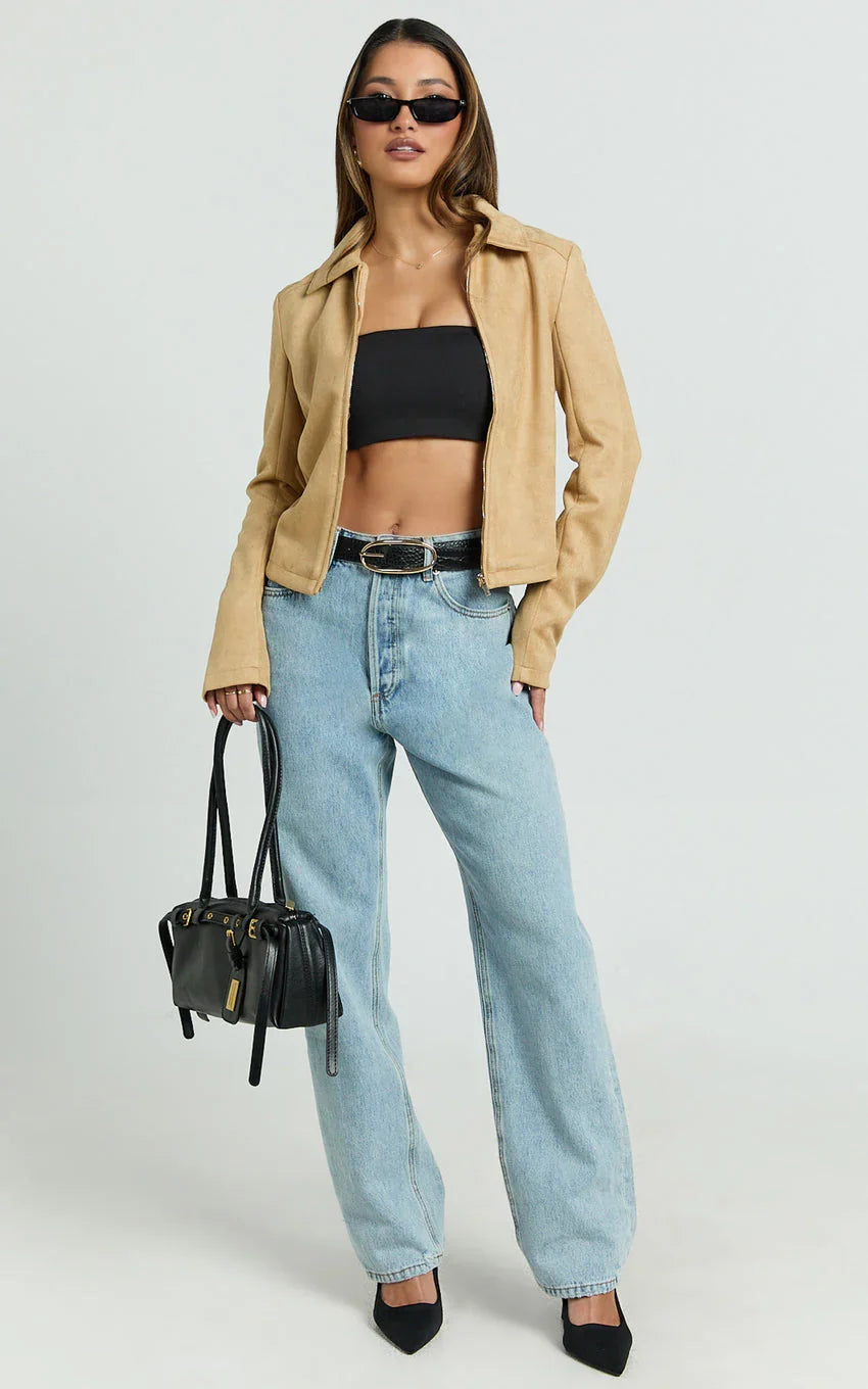 Welmina Jacket - Suede Collared Fitted Jacket in Sand
